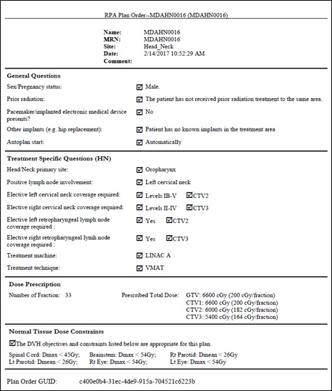 Head and neck cancer treatment plan; radiation therapy setup and dose prescription.