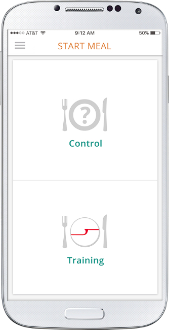 Mobile app interface showing meal tracking options: Control and Training.