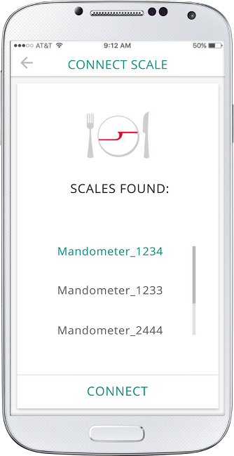 Mobile app interface for connecting digital food scales; list of available devices to link.