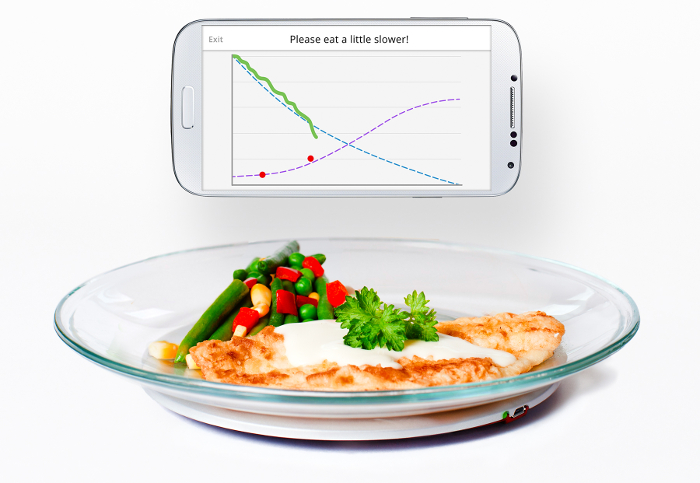 Smartphone app analyzes eating rate, graph displays data, meal composition study, dietary analysis.