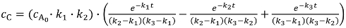 Chemical kinetics equation; cC in reaction mechanism formula.