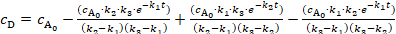 Chemical reaction kinetics equation, formula for concentration dynamics, educational diagram.