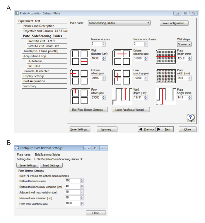 figure-results-1 Plate setup interface for fluorescence imaging; includes slide configuration and optical measurements.