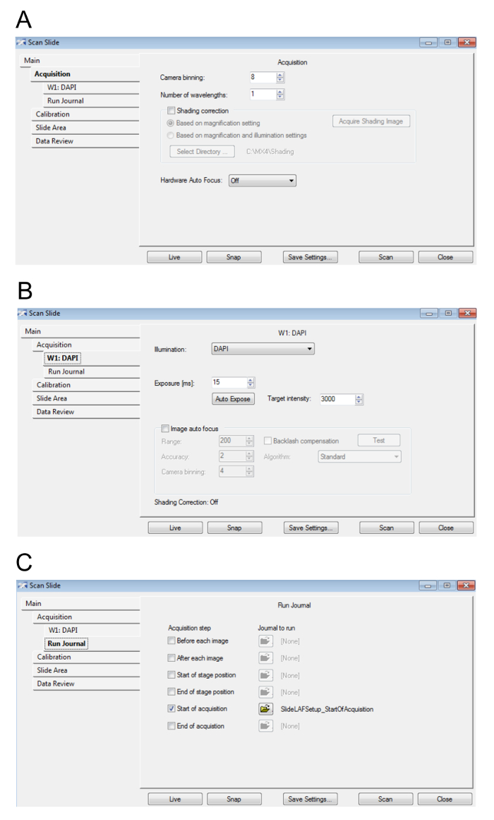 figure-results-4 Microscope image acquisition interface; settings for camera, illumination, and run journal steps.
