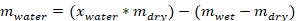Static equilibrium equation, \(m_{water}=(x_{water}*m_{dry})-(m_{wet}-m_{dry})\), formula.