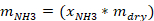 Equation for ammonia mass calculation: m_NH3 = (x_NH3 * m_dry), chemistry formula.