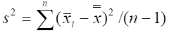 Statistical variance formula, Σ(x̄i−x̄)²/(n−1), equation for data dispersion analysis.