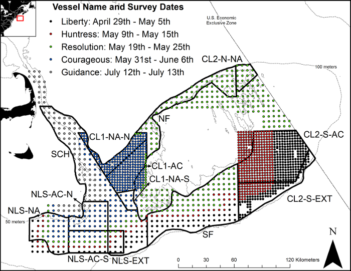 Survey area map with vessel routes; data collection dates indicated.