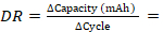 Battery degradation rate formula, ΔCapacity/ΔCycle, equation for energy storage analysis.