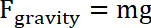 Gravitational force equation, F_gravity = mg, showing weight calculation formula in physics.