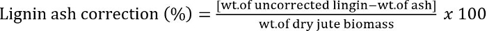 Lignin ash correction equation for biomass analysis. Formula: [(w_uncorr lignin-w_ash)/w_dry jute]×100.