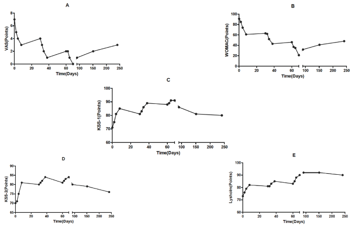 figure-results-2 Protein levels over time graph series; VA, WOMAC, KS3, KS2, Lympho; data analysis chart.