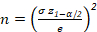 Sample size formula for statistical analysis; equation with standard deviation and z-score components.