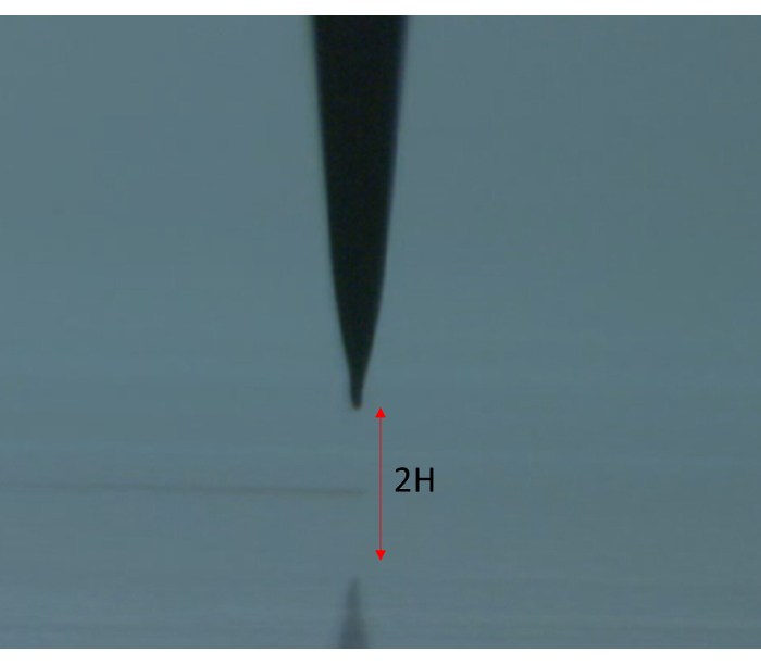 Static equilibrium probe tip setup, 2H measurement, mechanical analysis diagram.