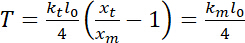 Static equilibrium formula T=(ktlo/4)((xt/xm)-1)=kmlo/4, equation for tension analysis.