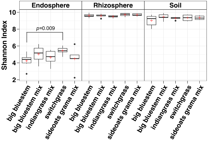 figure-results-3 Shannon Index box plot diagram comparing endosphere, rhizosphere, soil microbial diversity.