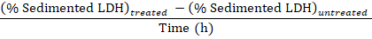 Sedimentation rate formula for LDH activity, indicating treated vs. untreated; data analysis equation.