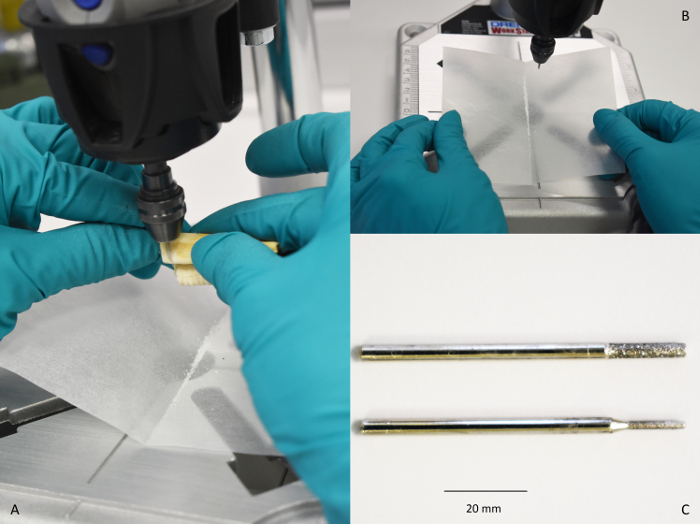 Nanofabrication process, diamond drilling setup, tool comparison; precision engineering experiment.