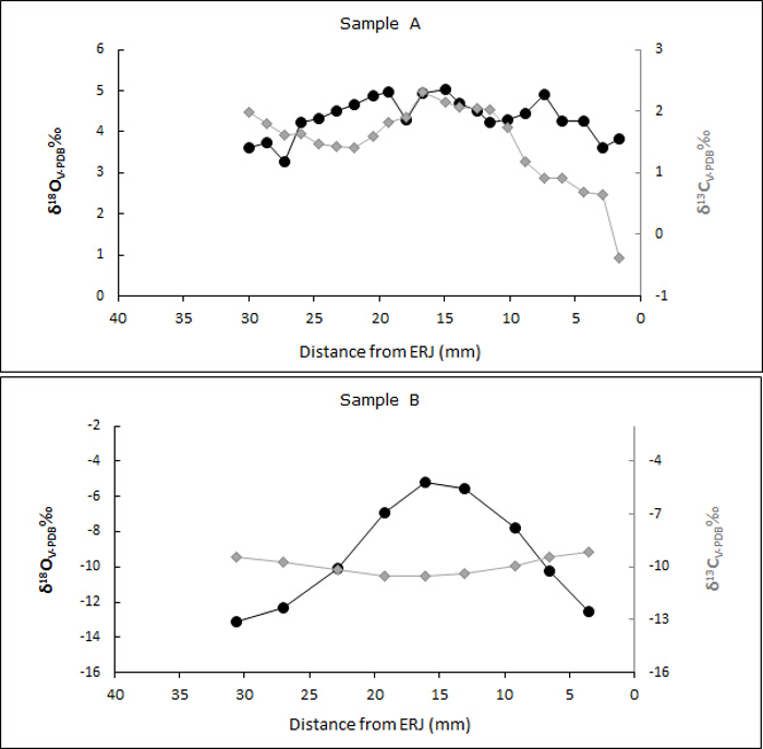 Stable isotope analysis graph, δ18O, δ13C, distance from ERJ, Samples A and B, dual-axis plot
