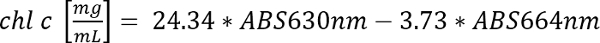Chlorophyll c concentration formula, equation: chl c [mg/mL] = 24.34*ABS630nm - 3.73*ABS664nm.