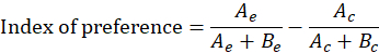 Index of preference formula; equation for statistical analysis; includes variables Ae, Be, Ac, Bc.