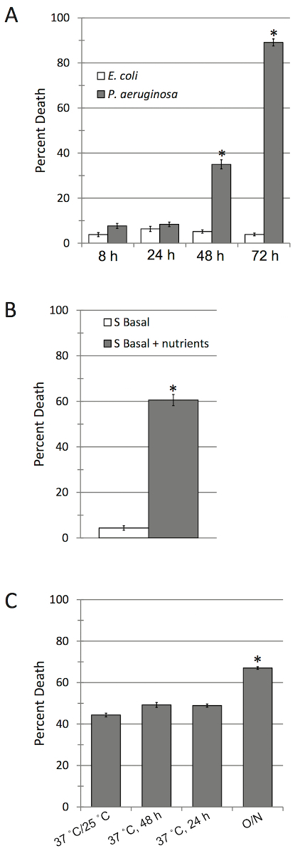 Bacterial death study; bar charts showing E. coli, P. aeruginosa data; nutrient, temperature effects.