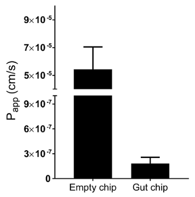 figure-results-4 Permeability comparison bar chart, empty chip vs gut chip, Papp (cm/s) analysis.