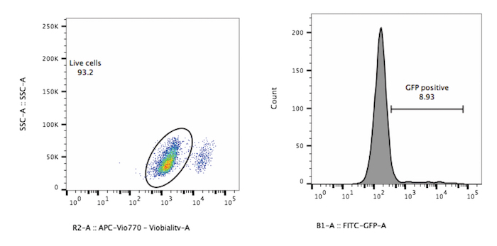 figure-results-2 Flow cytometry analysis diagram, live cell viability and GFP expression, data distribution plots.