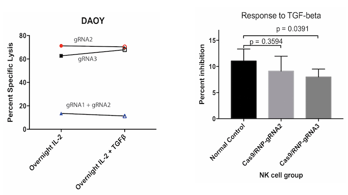 figure-results-6 CRISPR gene editing response chart; percent lysis, inhibition vs. TGF-beta in NK cell groups.