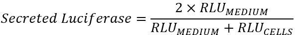 Equation for secreted luciferase calculation; formula for luminescence measurement in cell analysis.