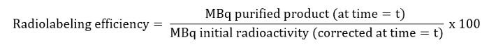 Radiolabeling efficiency formula, diagram; MBq purified product, initial radioactivity calculation.