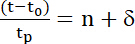 Equation illustrating temporal process analysis; formula: (t-t₀)/tₚ = n + δ for experimental data.