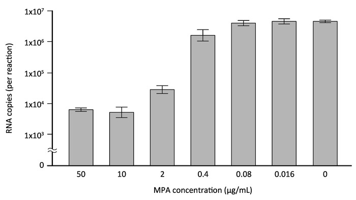 figure-results-4 RNA quantification bar graph; RNA copies vs. MPA concentration; data analysis in molecular biology.