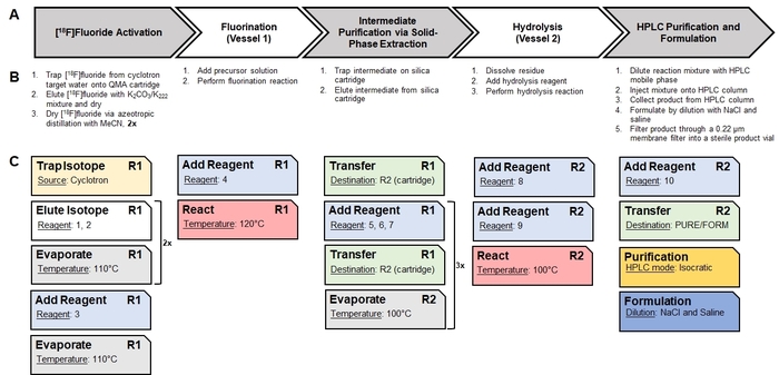 Radioisotope synthesis process diagram; fluorination reaction; purification; HPLC formulation process.