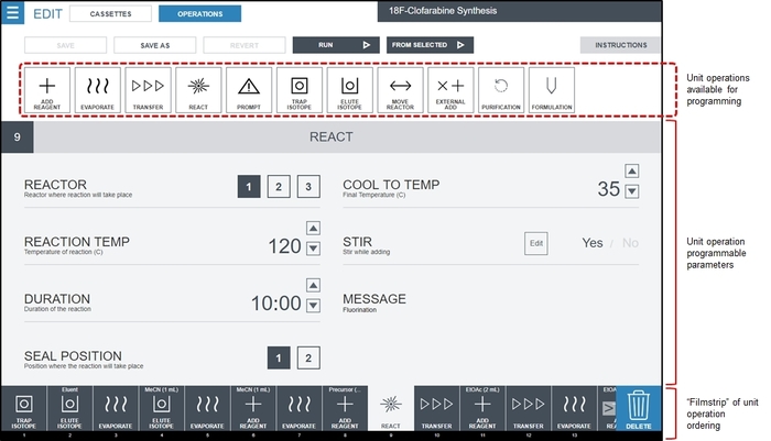 Automated synthesis software interface, unit operations, reactor parameters, reaction temperature control.