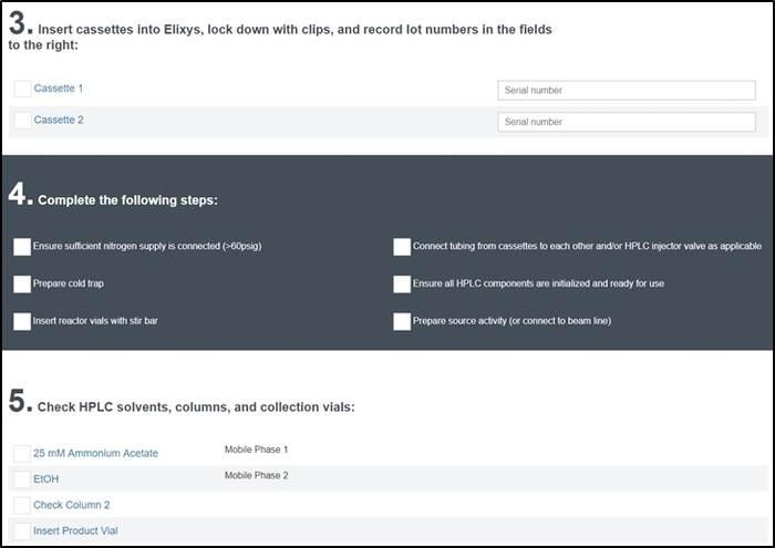 Elixys synthesis setup checklist; includes cassette insertion, nitrogen supply, HPLC components prep.
