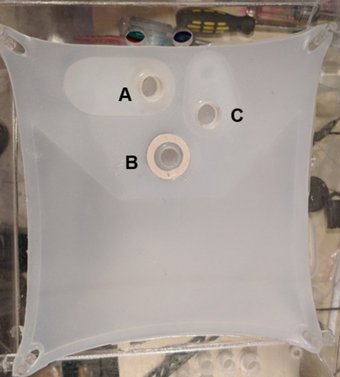 Chamber setup for fluid dynamics study; labeled ports A, B, C; experiment apparatus.