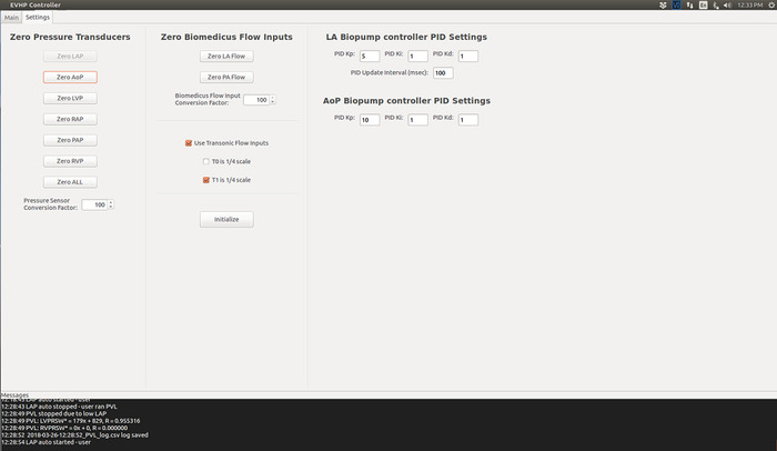 Biopump PID settings interface; control setup for pressure transducers, flow inputs; experimental use.