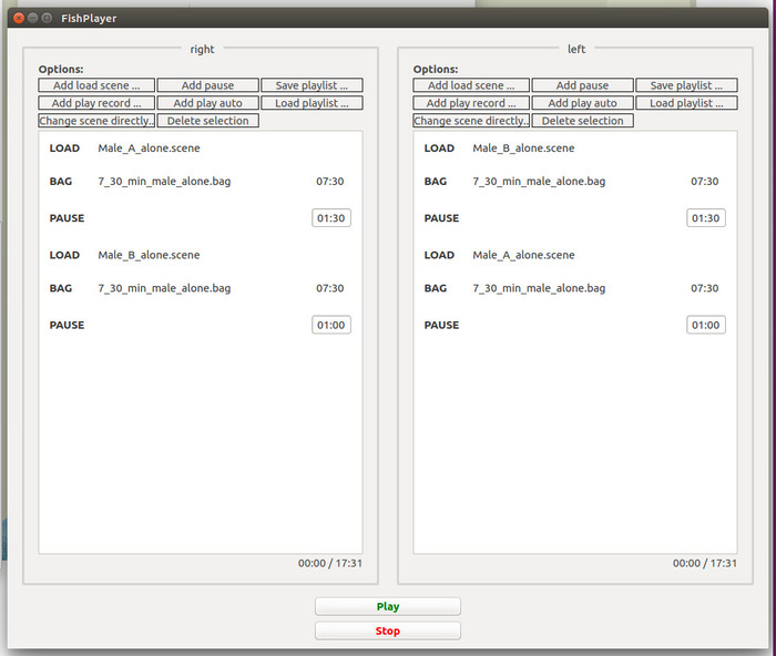 FishPlayer software interface; two playback panels for scene control in behavioral study setup.