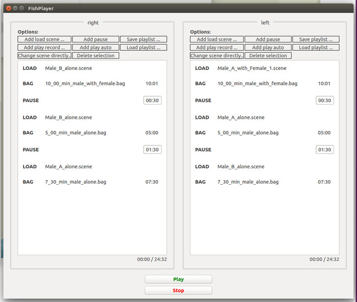 FishPlayer interface diagram; playback control, scene loading, playlist management, time settings.