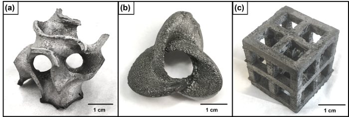 3D printed lattice designs: (a) gyroid, (b) Schwarz D surface, (c) cubic scaffold; structural studies.