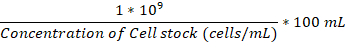 figure-protocol-1 Cell concentration formula, \(1 \times 10^9\) over cell stock concentration, calculates required volume.