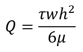Wzór dynamiki płynów Q=τwh²/6μ do obliczania szybkości przepływu, reprezentacja równania.