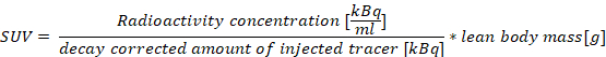 Standardized Uptake Value formula, SUV calculation equation, radiotracer concentration analysis.