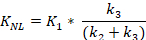 Nonlinear equilibrium equation: KNL=K1*(k3/(k2+k3)); kinetic modeling, formula illustration.