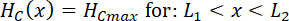 Hc(x) equation for L1 < x < L2, mathematical expression, function range, calculus concept.