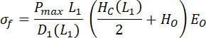 Equation for tensile strength calculation, showcasing formula: σf=(PmaxL1/D1(L1))(HC(L1)/2+H0)E0, scientific.