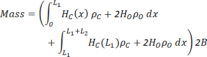 Mass integration formula with variables \(H_C(x)\), \(\rho_C\), and limits; mathematical equation.