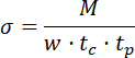 Stress formula σ = M/(w·tc·tp), mechanical analysis equation, educational diagram.