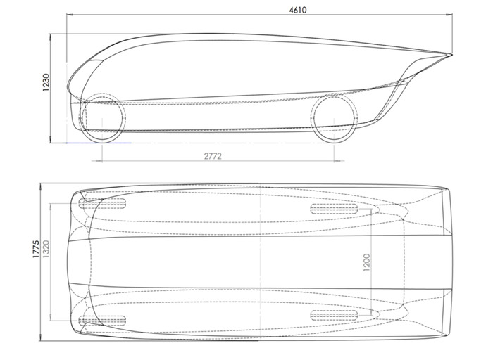 Car design blueprint, technical diagram with dimensions, side and top view, vehicle aerodynamics.